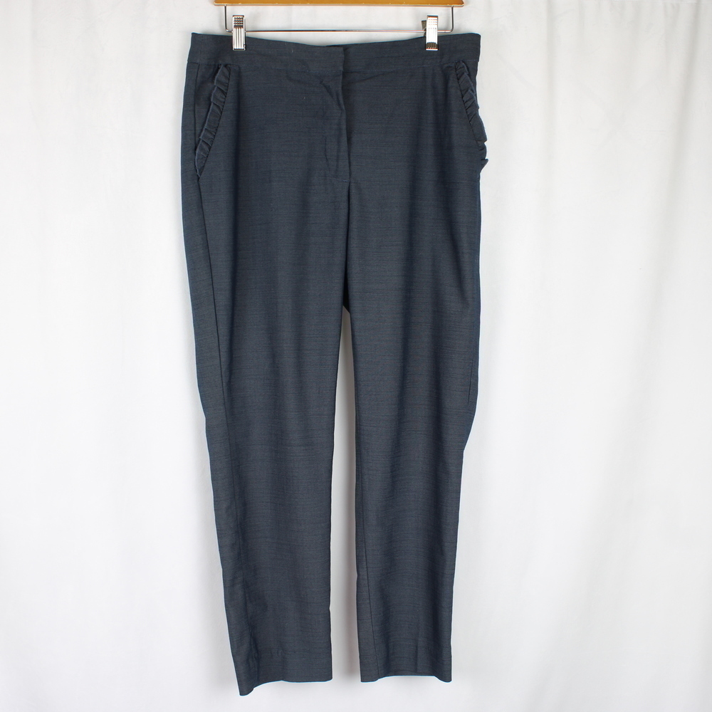 Zara Ruffle-Trim Pocket Chambray Slim-Straight Crop Ankle Trouser Dress Pants